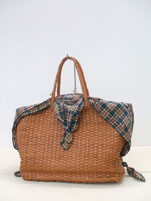 HENRY CUIR レザー編み込み メッシュ かご風 バンダナ付き トートバッグ ブラウン レディース アンリークイール 2-0702G 197346拍卖