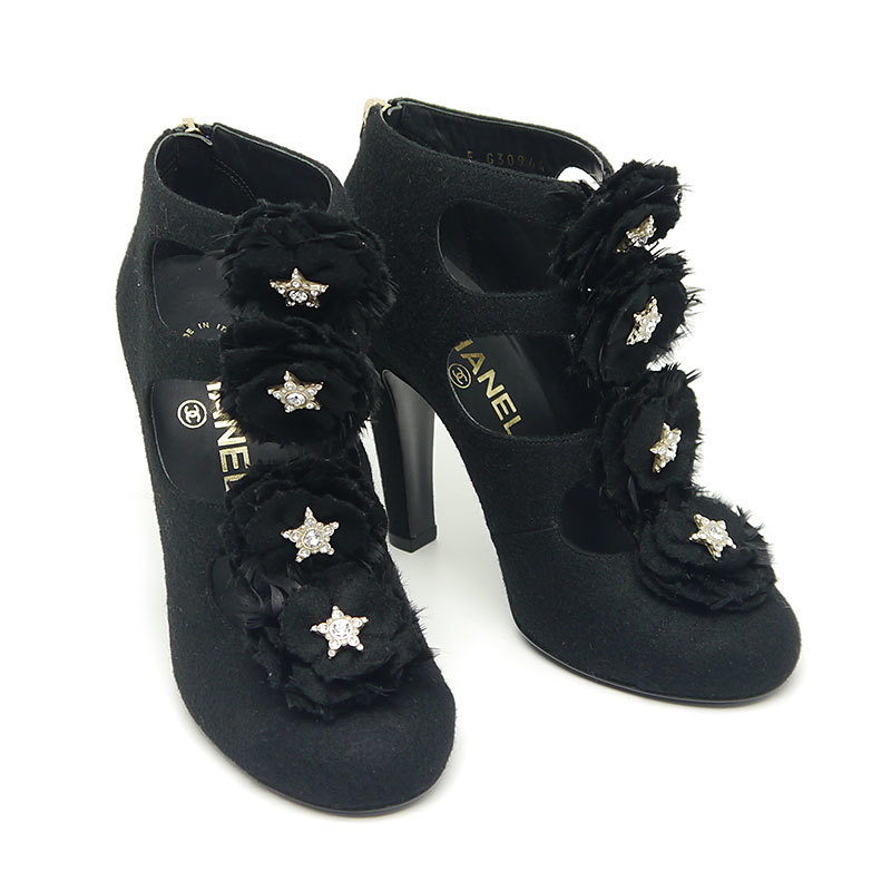 シャネル CHANEL オープンショートブーツ レディース 36C(約22cm) ブラック 黒 ラインストーン スター フラワー 花拍卖