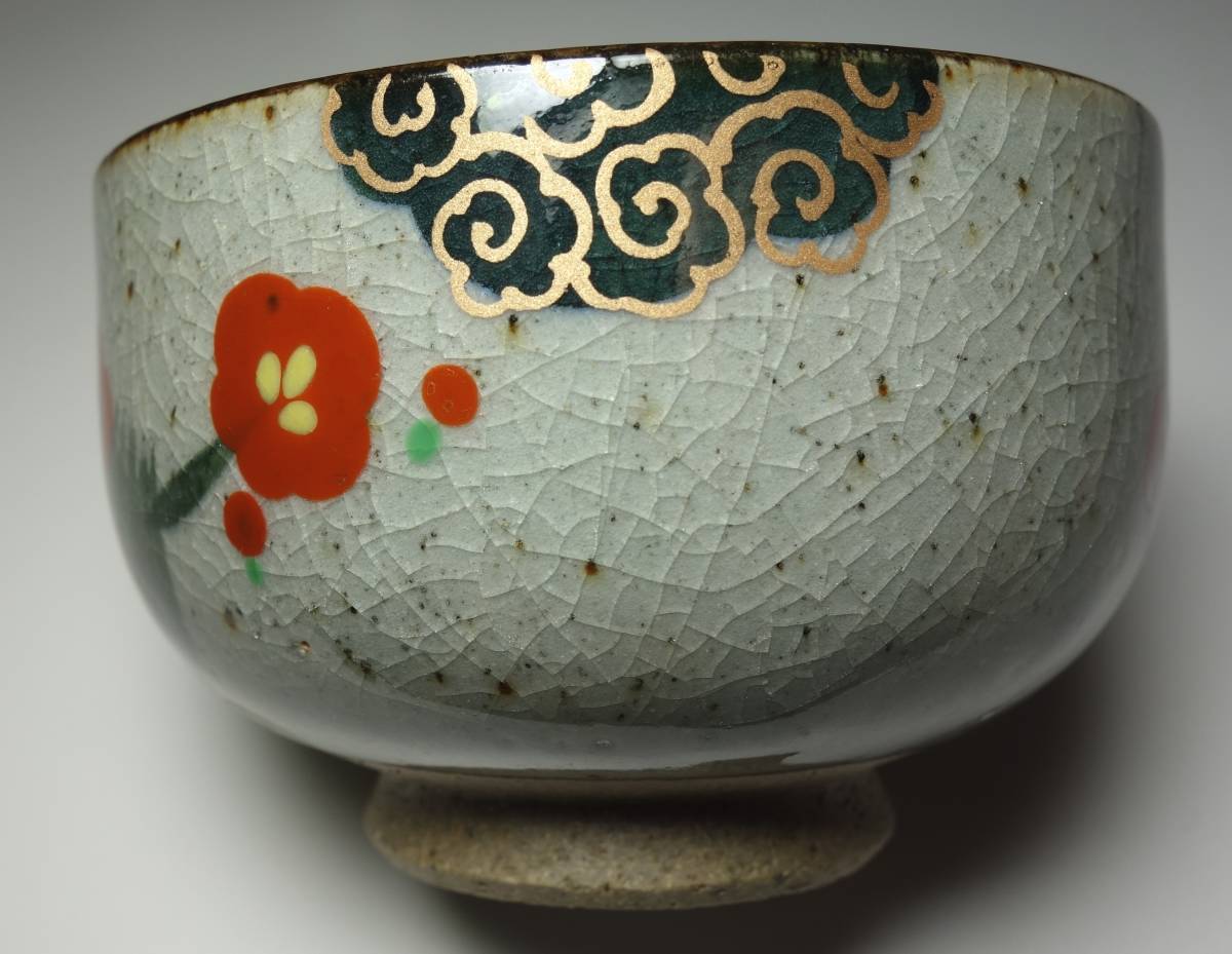 昭和期 紅梅+金泥唐雲図 高級煎茶碗 相馬陶土拍卖
