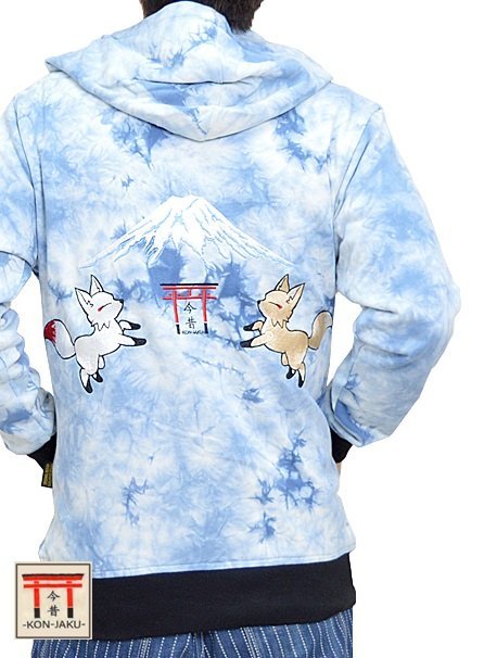 金狐と銀狐タイダイパーカー◆今昔 ブルーXLサイズ KJ-22006 和柄 和風 きつね キツネ 刺繍 ムラ染め スエット こんじゃく拍卖