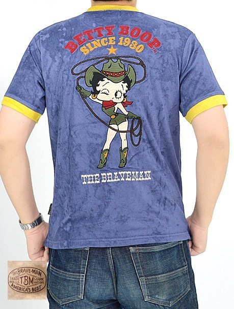 BR×BETTYコラボ パイル半袖Tシャツ◆The BRAVE-MAN ブルーMサイズ BBB-2319 ブレイブマン ベティーちゃん 刺繍 バイカー拍卖