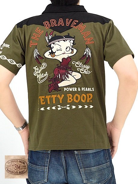 BR×BETTYコラボ 天竺半袖ポロシャツ◆The BRAVE-MAN オリーブXXLサイズ BBB-2323 ブレイブマン ベティーちゃん 刺繍 バイカー拍卖