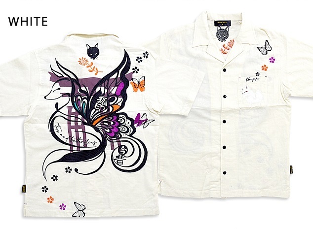 狐と蝶のグラフィックアートシャツ◆今昔 ホワイトMサイズ KJ-29071 和柄 和風 刺繍 キツネ きつね拍卖