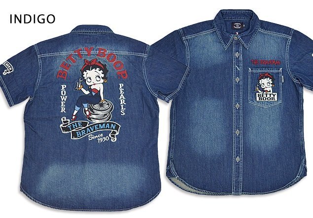 BR×BETTYコラボ デニム半袖シャツ◆The BRAVE-MAN インディゴLサイズ BBB-2325 ブレイブマン ベティーちゃん 刺繍 バイカー拍卖