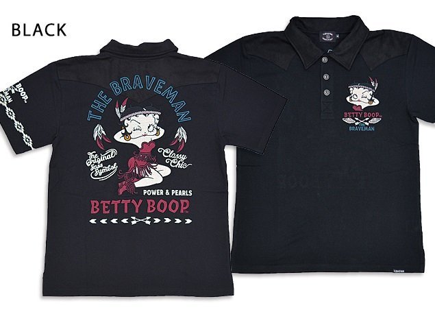 BR×BETTYコラボ 天竺半袖ポロシャツ◆The BRAVE-MAN ブラックLサイズ BBB-2323 ブレイブマン ベティーちゃん 刺繍 バイカー拍卖
