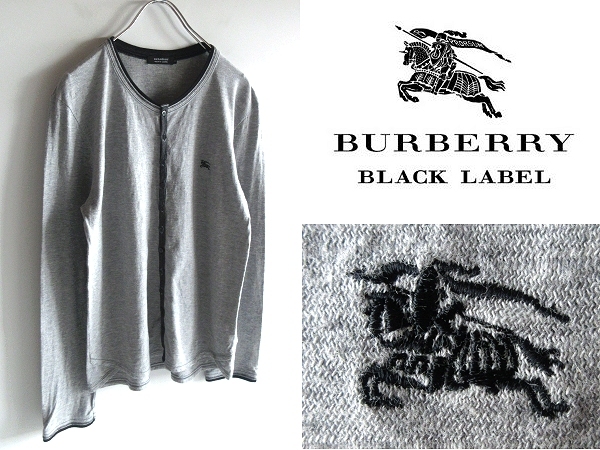希少 BURBERRY BLACK LABEL バーバリーブラックレーベル ホースロゴ刺繍 コットン天竺 カーディガン カットソー 2 杢グレー ネコポス対応拍卖