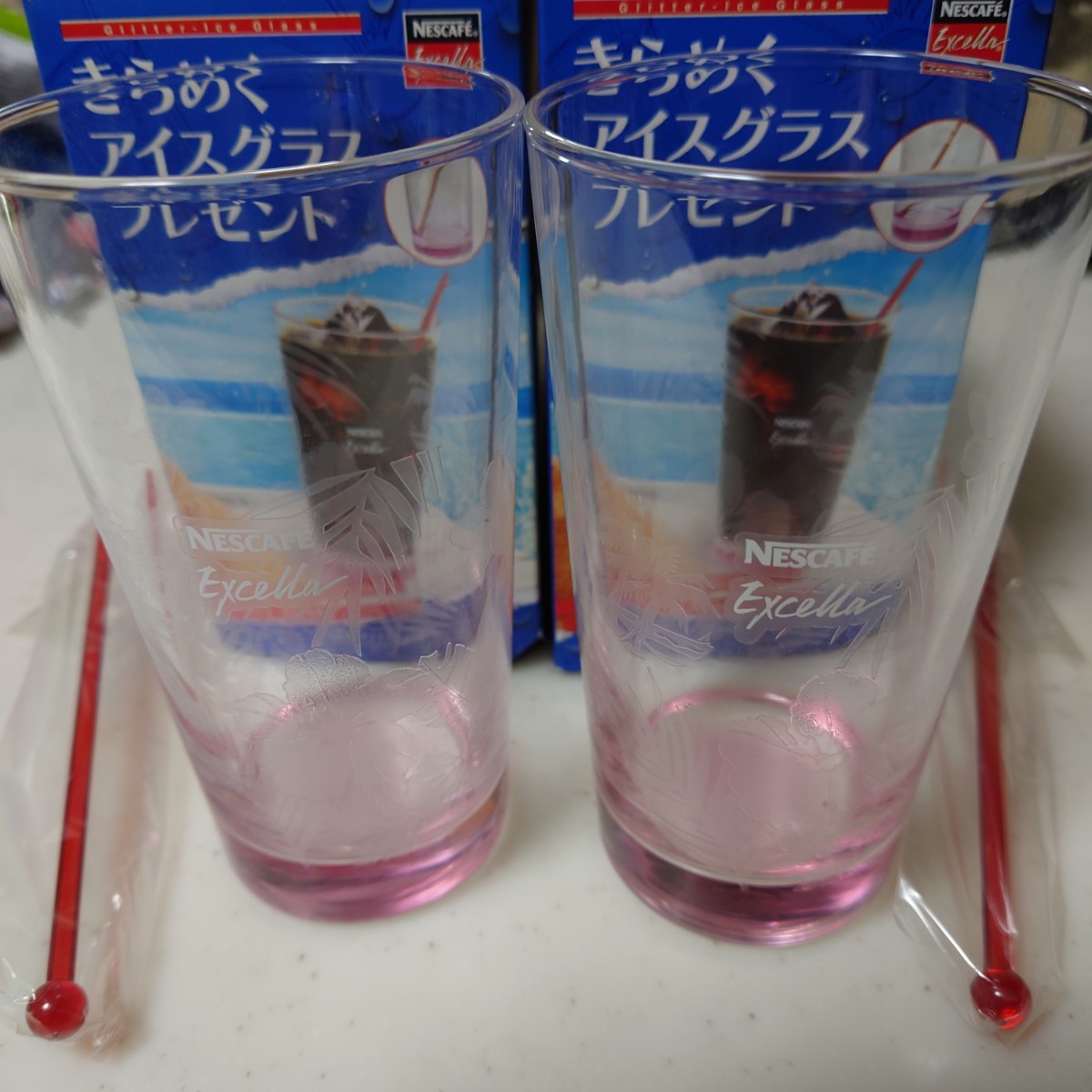 ネスカフェエクセラきらめくアイスグラス2個セット☆マドラー付☆非売品レア☆日本製未使用コップ拍卖
