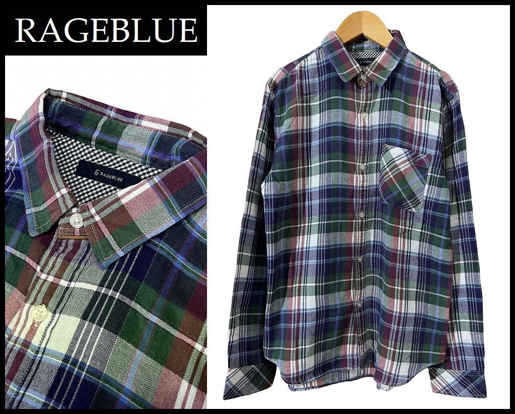送料無料 G② RAGEBLUE レイジブルー RB020048SB 長袖 片胸 ポケット パイピング マドラス チェック シャツ M拍卖