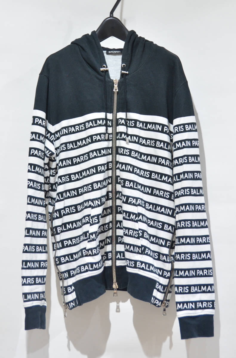 BALMAIN バルマン ロゴ ボーダー ジップ パーカー ブラック × ホワイト M Y-317417拍卖
