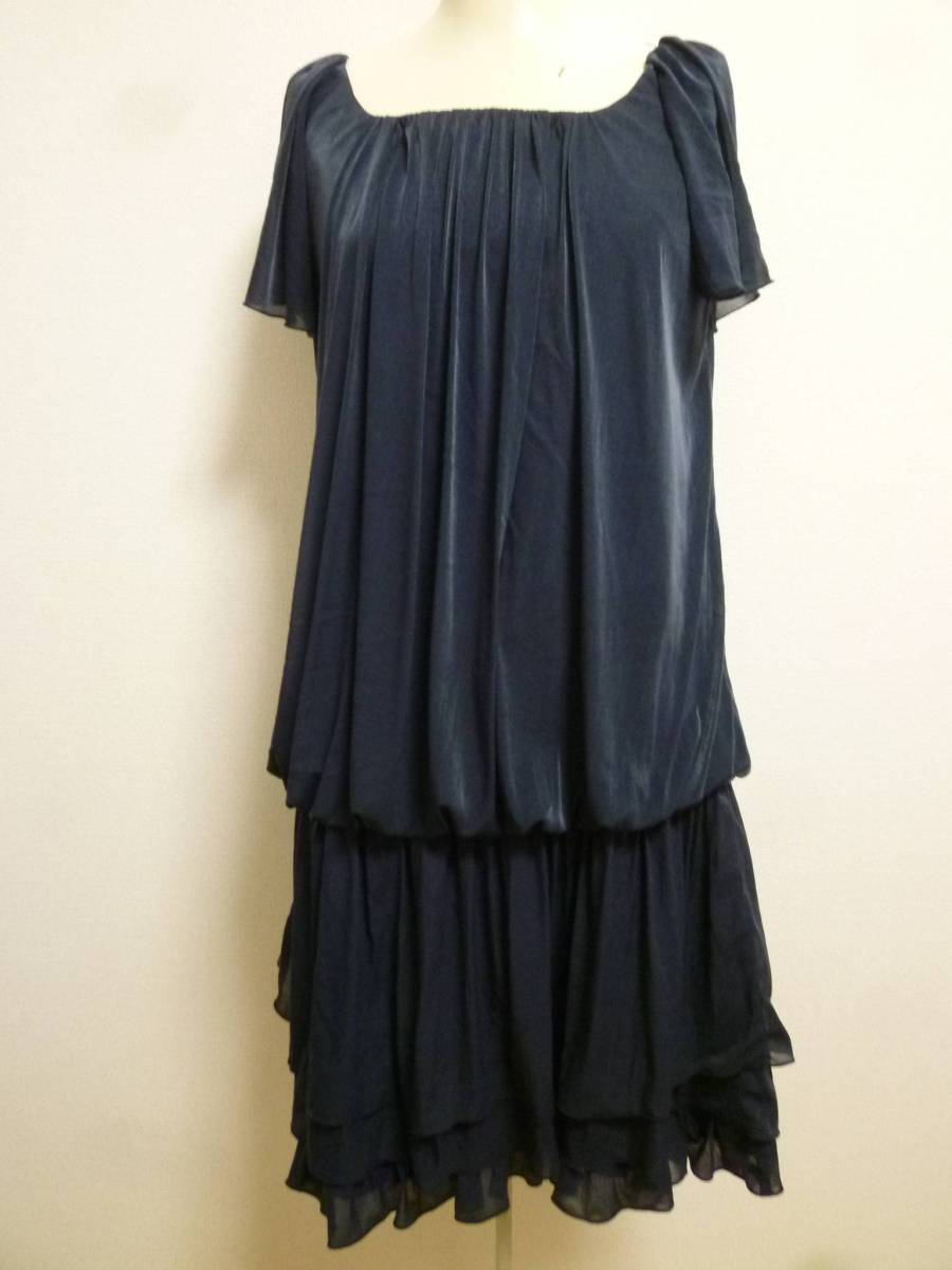 Alphabet's alphabet/アルファベッツアルファベット♪紺フレアスリーブ裾3段フリルチュニックワンピースF/ネイビーミニ半袖♪37拍卖