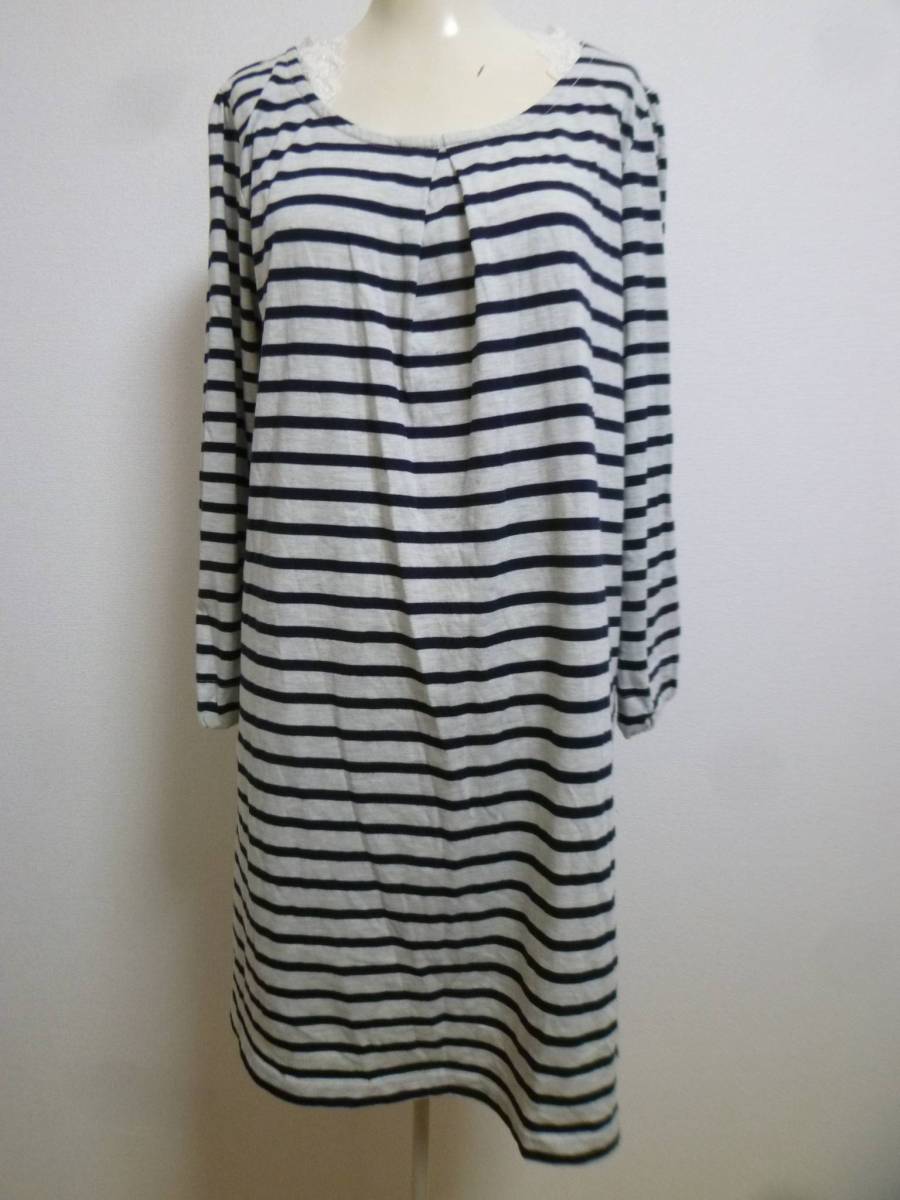 SIMPLE BEAUTY BASIC♪紺×淡グレーボーダー肩段フリルレースワンピースLL/大きいサイズビックサイズマリン系♪37拍卖