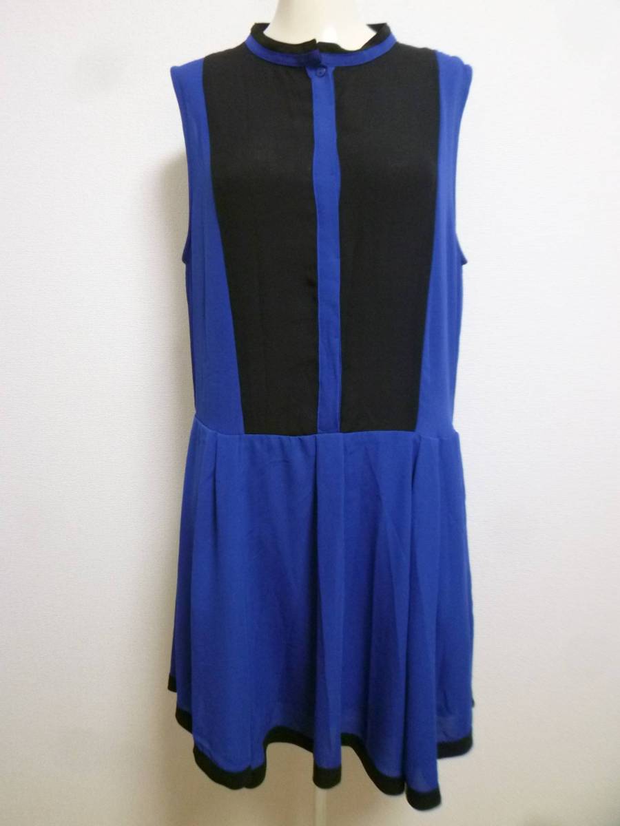 apart by lowrys/アパートバイローリーズ♪青×黒バイカラーノーカラーシフォンブラウスワンピースL/ブルーブラックミニ♪37拍卖