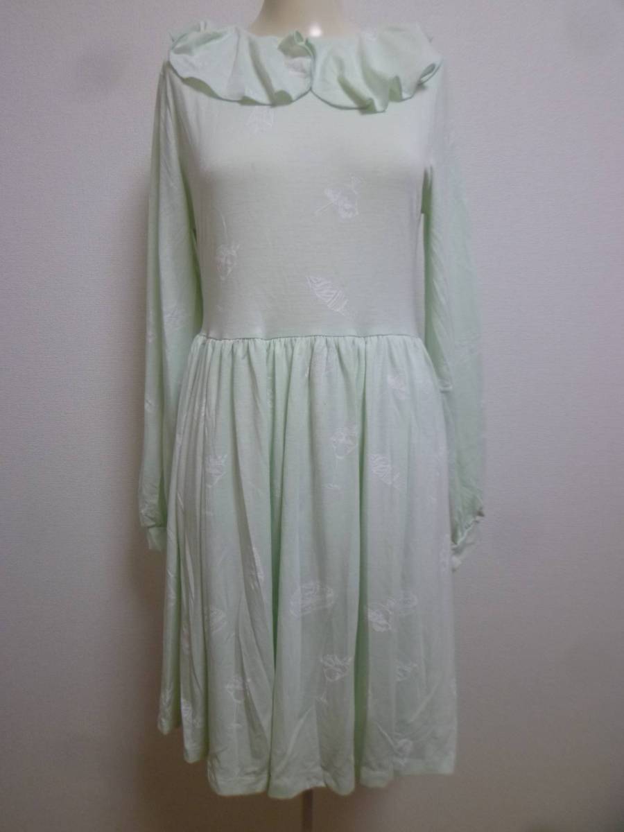 E hyphen world gallery/イーハイフン♪淡ミントグリーン系フリル襟スウィーツ柄ワンピースF/スイーツ膝丈長袖♪37拍卖