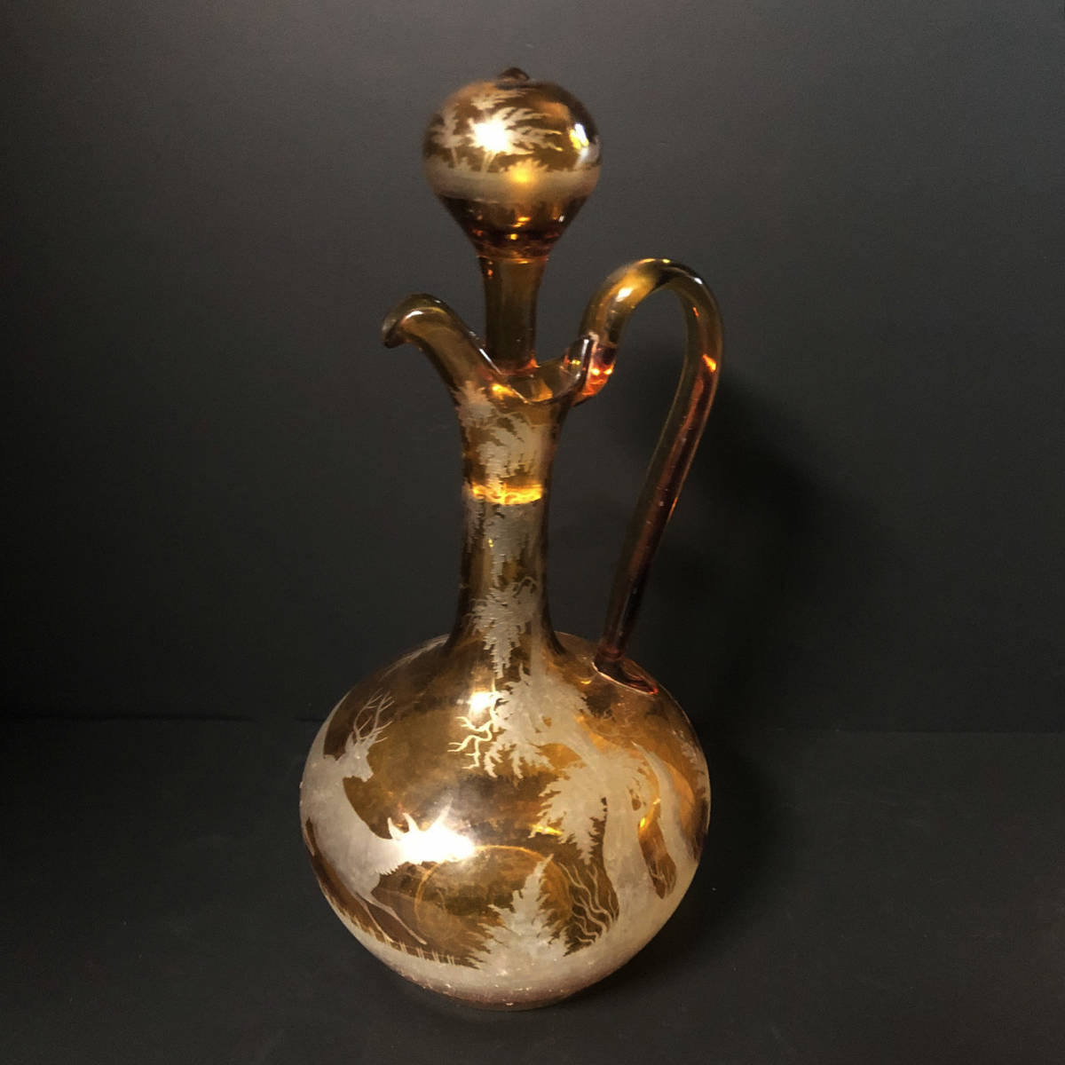 【美品】カラフェ 水注 ボヘミアンガラス アンバー 鹿文拍卖