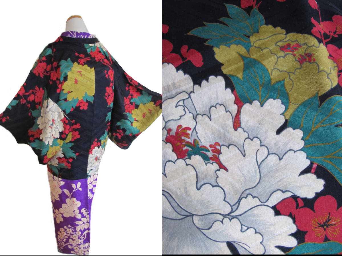 艶やか 黒に大輪牡丹 アンティーク羽織 紋錦紗拍卖