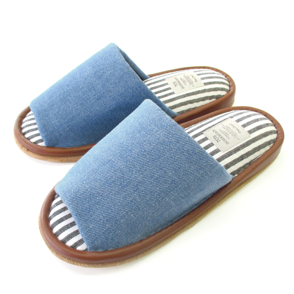 ☆ BLUE ☆ M/約22.5-24.5cm スリッパ 前開き 通販 デニム ストライプ 室内 自宅 おしゃれ 来客 ゆったり カジュアル レディース メンズ 7拍卖