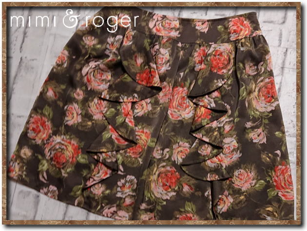 ☆mimi & roger ミミアンドロジャー フリル付きバラ柄スカート カーキ☆拍卖