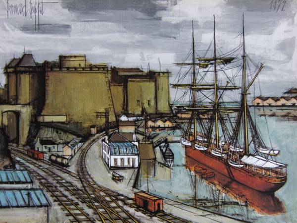 ベルナール・ビュッフェ「Brest,le chateau」希少画集の額装画、人気作品、オーダーマット付・日本製新品額入り、Bernard Buffet拍卖