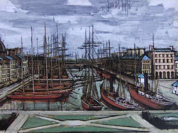 ベルナール・ビュッフェ「Le Havre,le bassin de commerce」希少画集の額装画、オーダーマット付・日本製新品額入り、Bernard Buffet拍卖