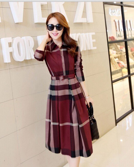 PYD2366★秋新作付き コットン チェックレアロング 上質 ベルトワンピース柄 長袖 気質 通勤大人 園行事 ミモレ丈フ * 赤 ♪ 2XL拍卖