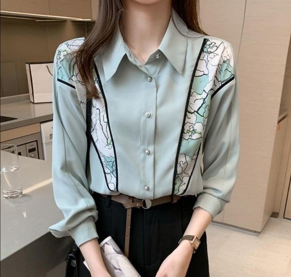 PYD2388★S-2XLサイズ ♪ エレガンウスシャツント ト シフォン プリ 大人 長袖 ブラこなれ感 レディース通勤 * 緑拍卖