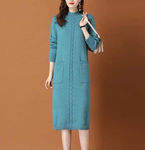 PYD2357★M-XLサイズ♪ワミヤ混 ワンピース 着痩せ 上品ンピース カシ きれいめ 大人 通勤 OL ひざ秋冬 レディース ニット丈 ワンピース拍卖