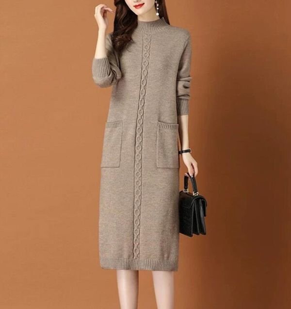 PYD2356★M-XLサイズ♪ワミヤ混 ワンピース 着痩せ 上品ンピース カシ きれいめ 大人 通勤 OL ひざ秋冬 レディース ニット丈 ワンピース拍卖