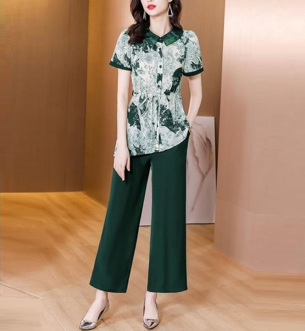 PYD2385★L-4XLサイズ♪セットア スドレス シフォン プリント柄 シーツパンツ パンツャツ ブラウス ップ レディース通勤二次会*緑拍卖