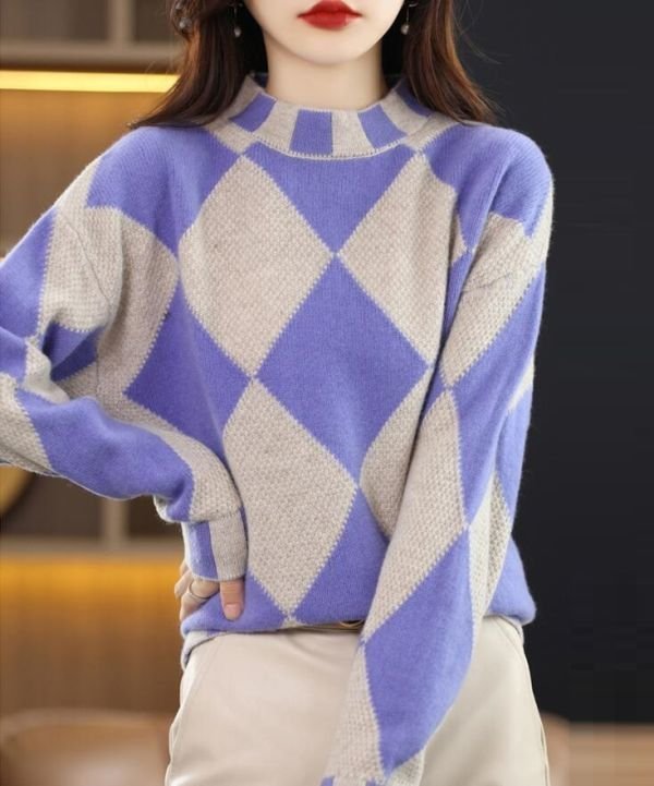 PYD2382★M-XLサイズ♪秋冬 クカシミヤ混 配色柄トレッチ 長袖 ニオシャレ ミンットト 柔らかい 暖かい ニットセーター スップス * 紫拍卖