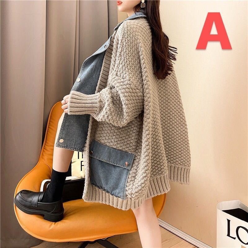 cxr293★レディース ニットコート セーター ニット デニム 切替 アウター 秋冬 ゆったり 大きいサイズ 可愛い拍卖