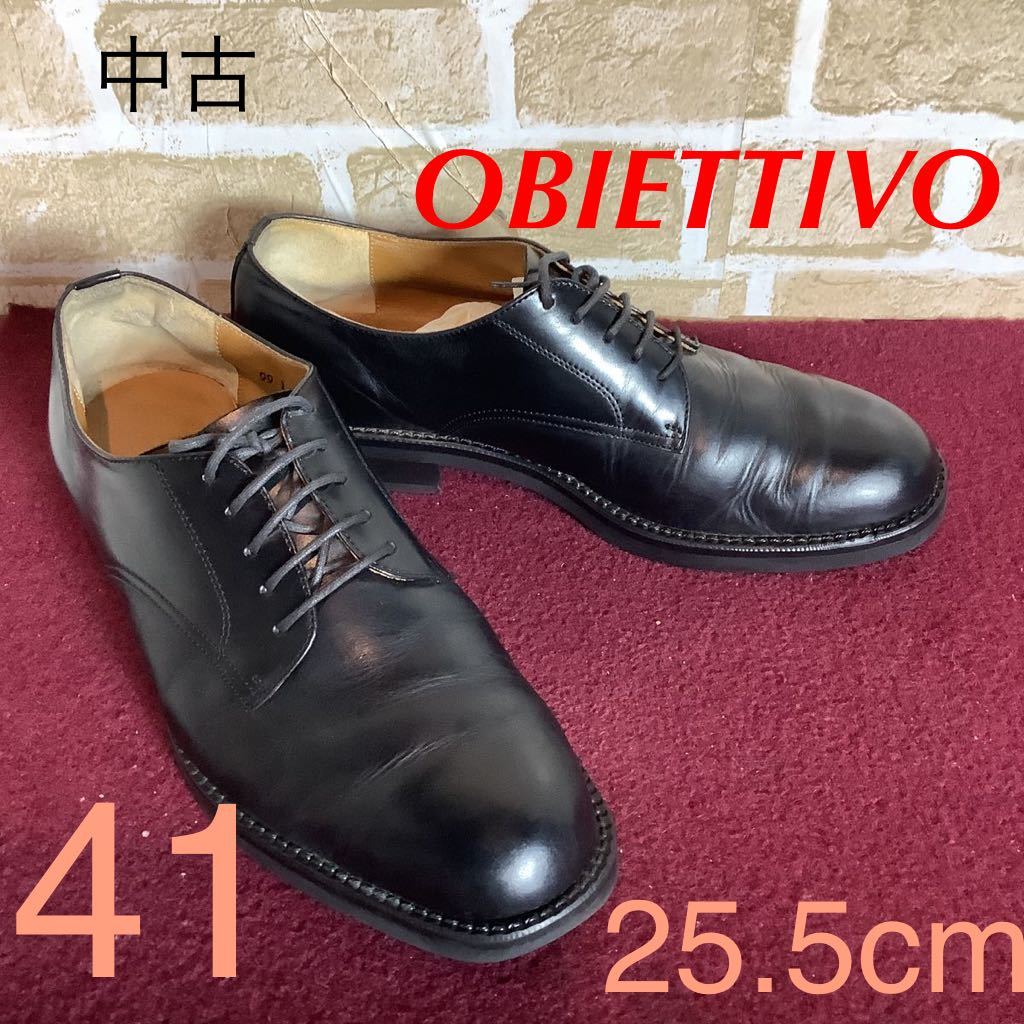 【売り切り!送料無料!】A-295 OBIETTIVO!ビジネスシューズ!41 25.5cm位!プレーントゥ!黒!革靴!仕事!ビジネス!冠婚葬祭!普段履き!中古!拍卖