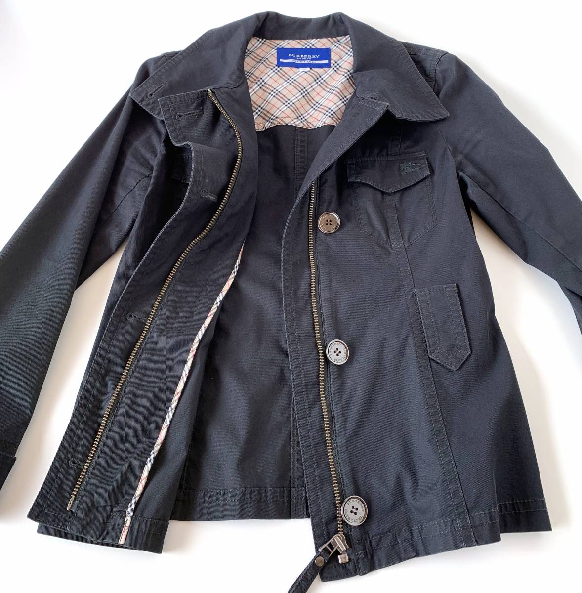 ★送料無料 超美品 BURBERRY BLUE LABEL バーバリー ブルーレーベル 綿ジャケット 黒 サイズ38 ベルト付き レディース 女性用拍卖