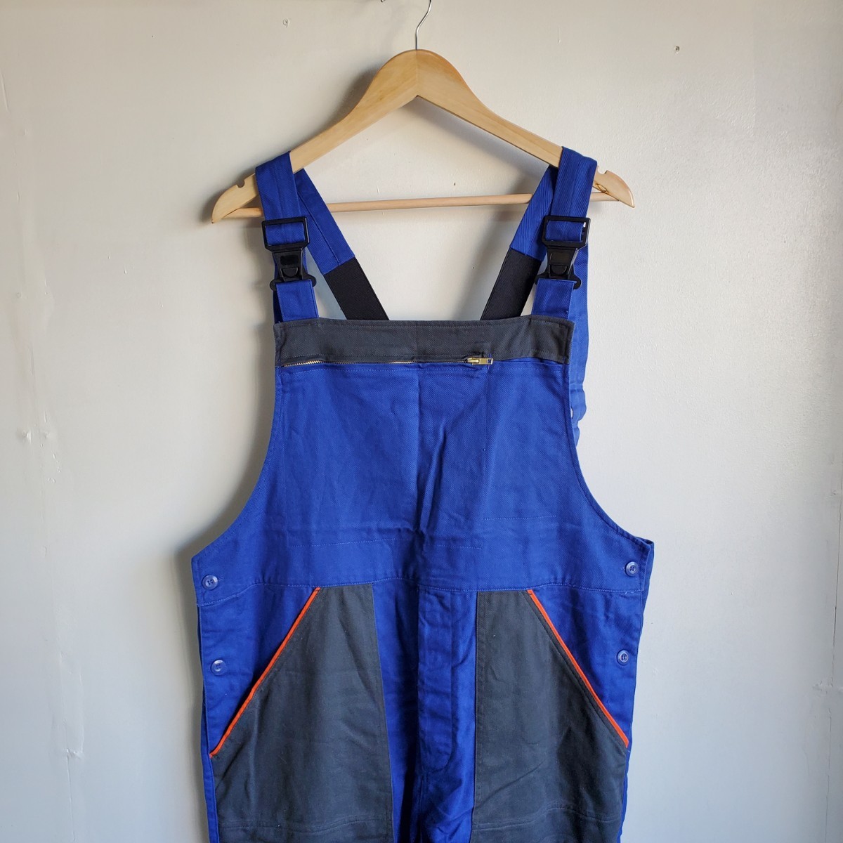 873◆POWERFIX ユーロワーク オーバーオール size56 ツートンカラー ブルー×ブラック ダブルニー ワークウエア 中古 USED拍卖