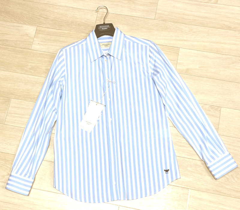 新品74%OFF マックスマーラ Max Mara コットンストライプシャツ ブルー 36サイズ 【送料無料】拍卖