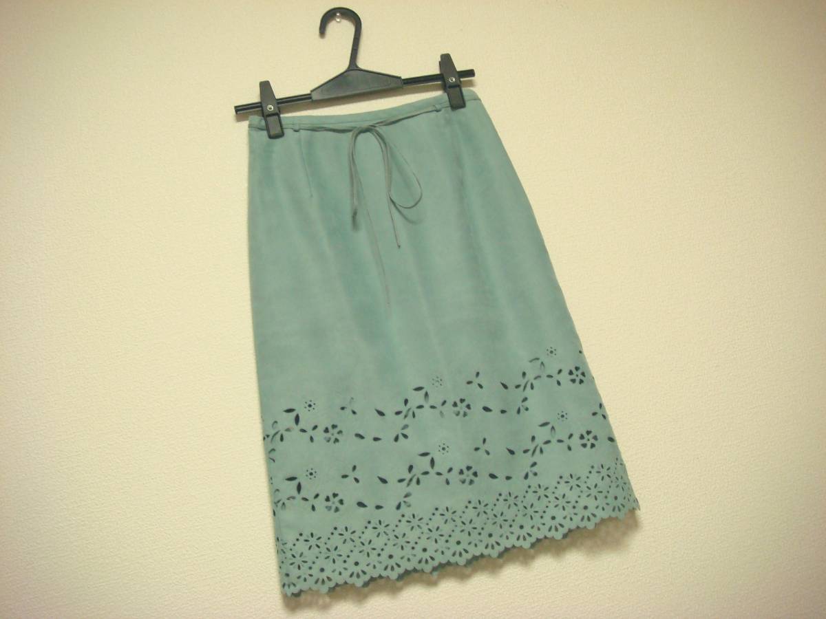 MKミッシェルクラン 透け花柄 おリボン付き スエード調 デザインスカート 36 美品 若草ミント 秋冬拍卖