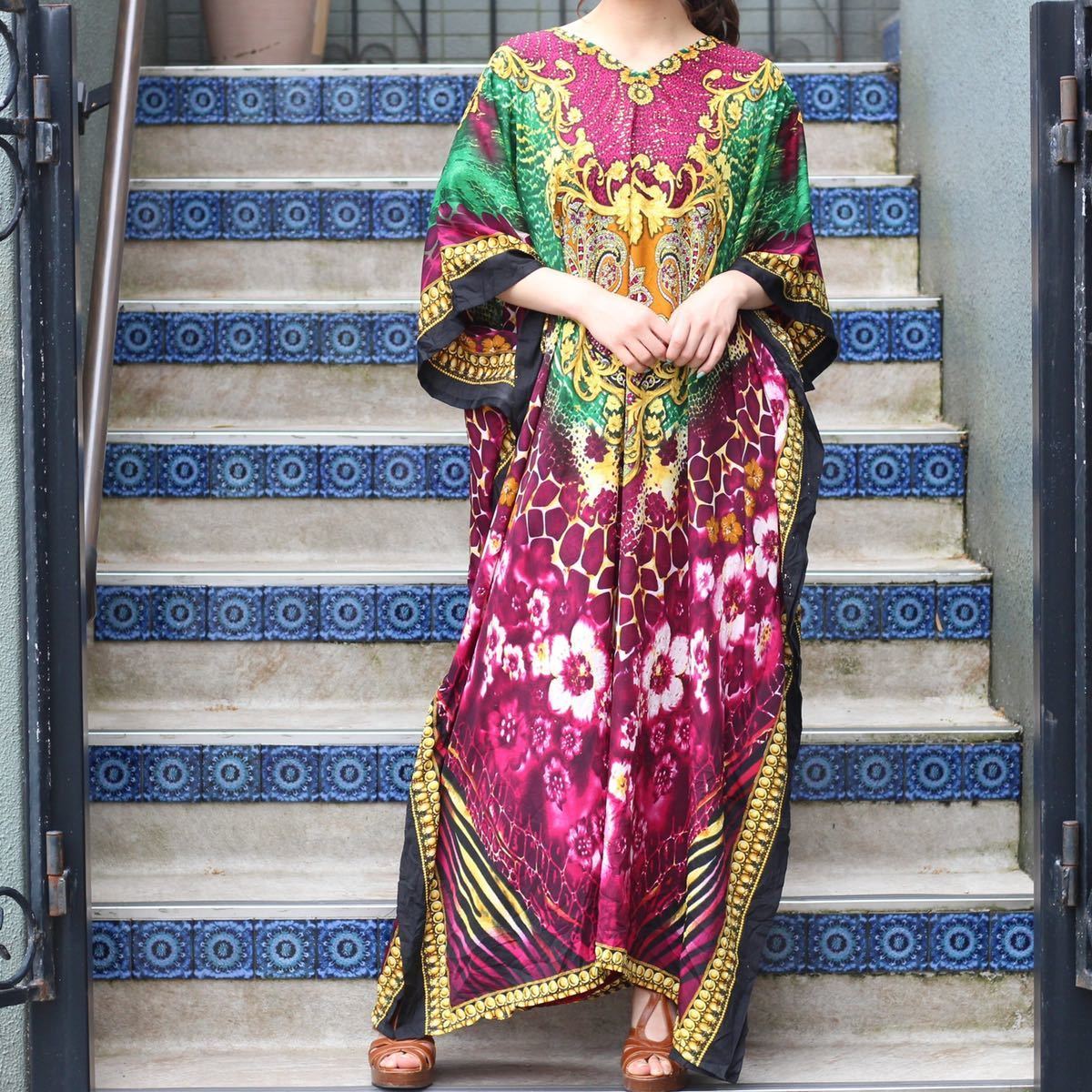 USA VINTAGE DESIGN KAFTAN DRESS ONE PIECE/アメリカ古着デザインカフタンドレスワンピース拍卖