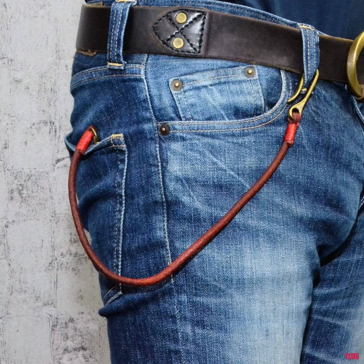 レッド 本革 アンティーク感 ウォレットチェーン 財布の鎖 ショート HR HM ロック バイク バイカー ツーリング アウトドア 普段使い拍卖