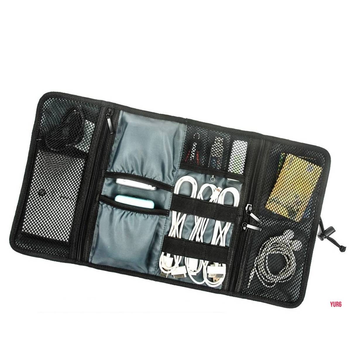 巻物タイプ ガジェットポーチ トラベルポーチ PC小物 整理 防水性 大容量 ポケット多数 バッグインバッグ ご自宅 旅行 オフィス ブルー拍卖