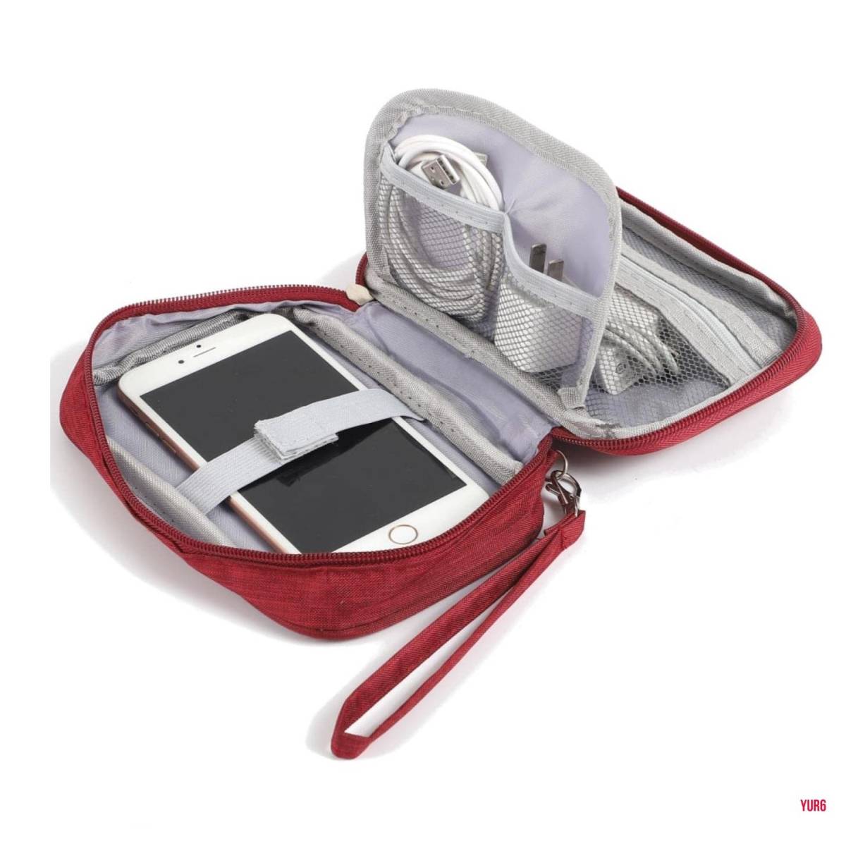 コンパクト 2層構造 ガジェットポーチ トラベルポーチ ストラップ付 PC小物 バッグインバッグ 防水加工 ご自宅 オフィス 旅行 レッド拍卖