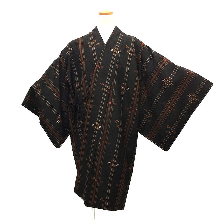 セール 京やM277 正絹 久米島紬 道中着 和装コート 着物用コート ロング丈 裄長め ゆったりサイズ 本泥染め 琉球絣文様 新古品 美品拍卖