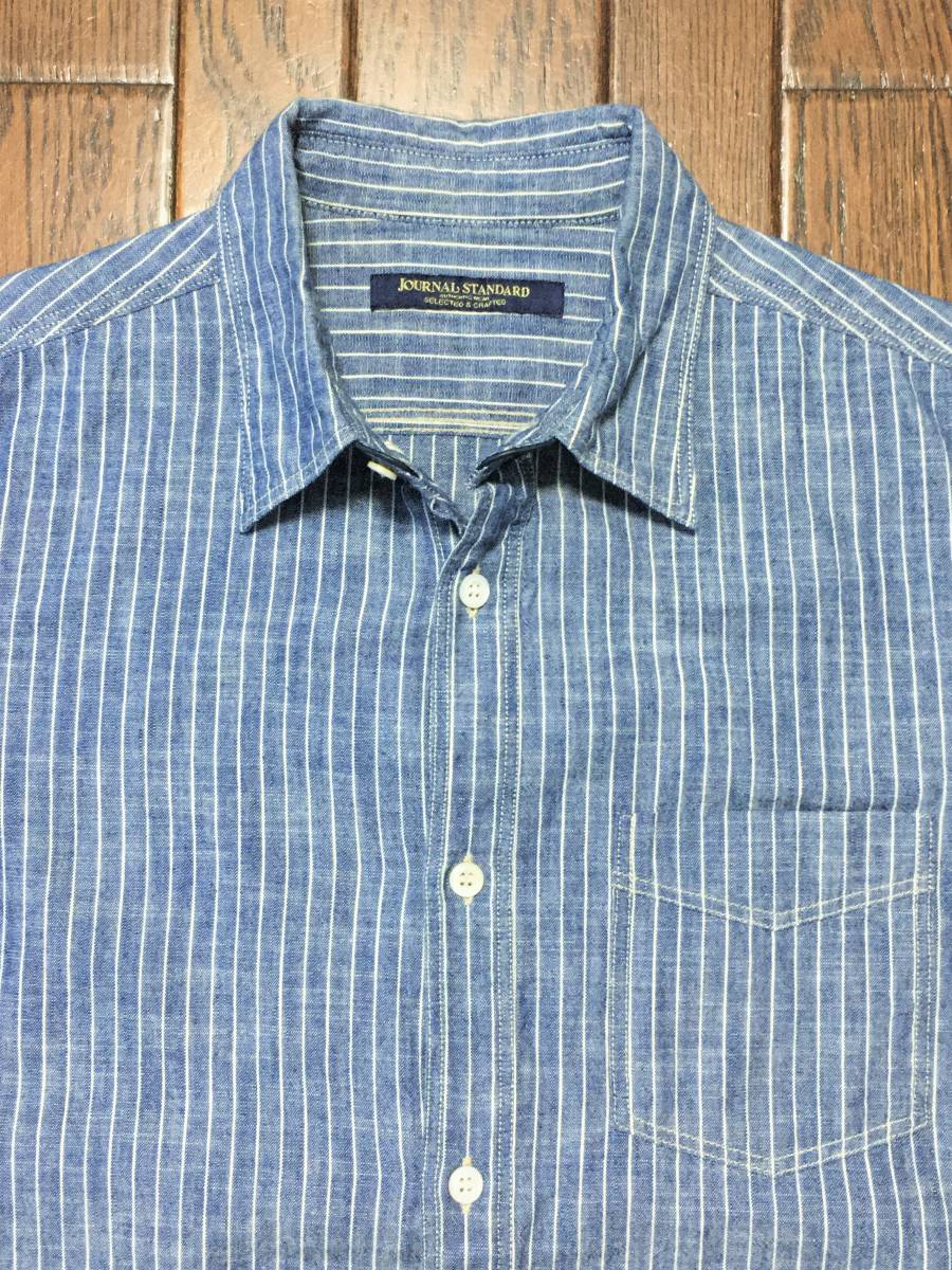 ジャーナルスタンダード JournalStandard ストライプ 長袖 シャツ S ブルー ビンテージ スタイル 赤耳 マチ付き ワーク拍卖