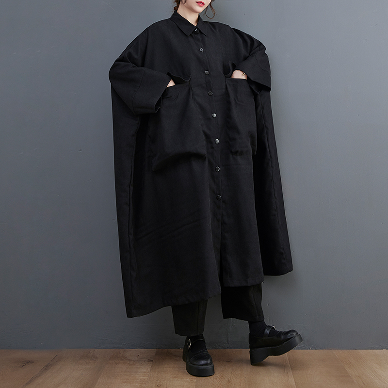「同梱1万円送料無料」春*新作*カジュアル*ゆったり超大きいサイズ*ポケット*レディース*長袖ロングシャツワンピースコート 黒拍卖