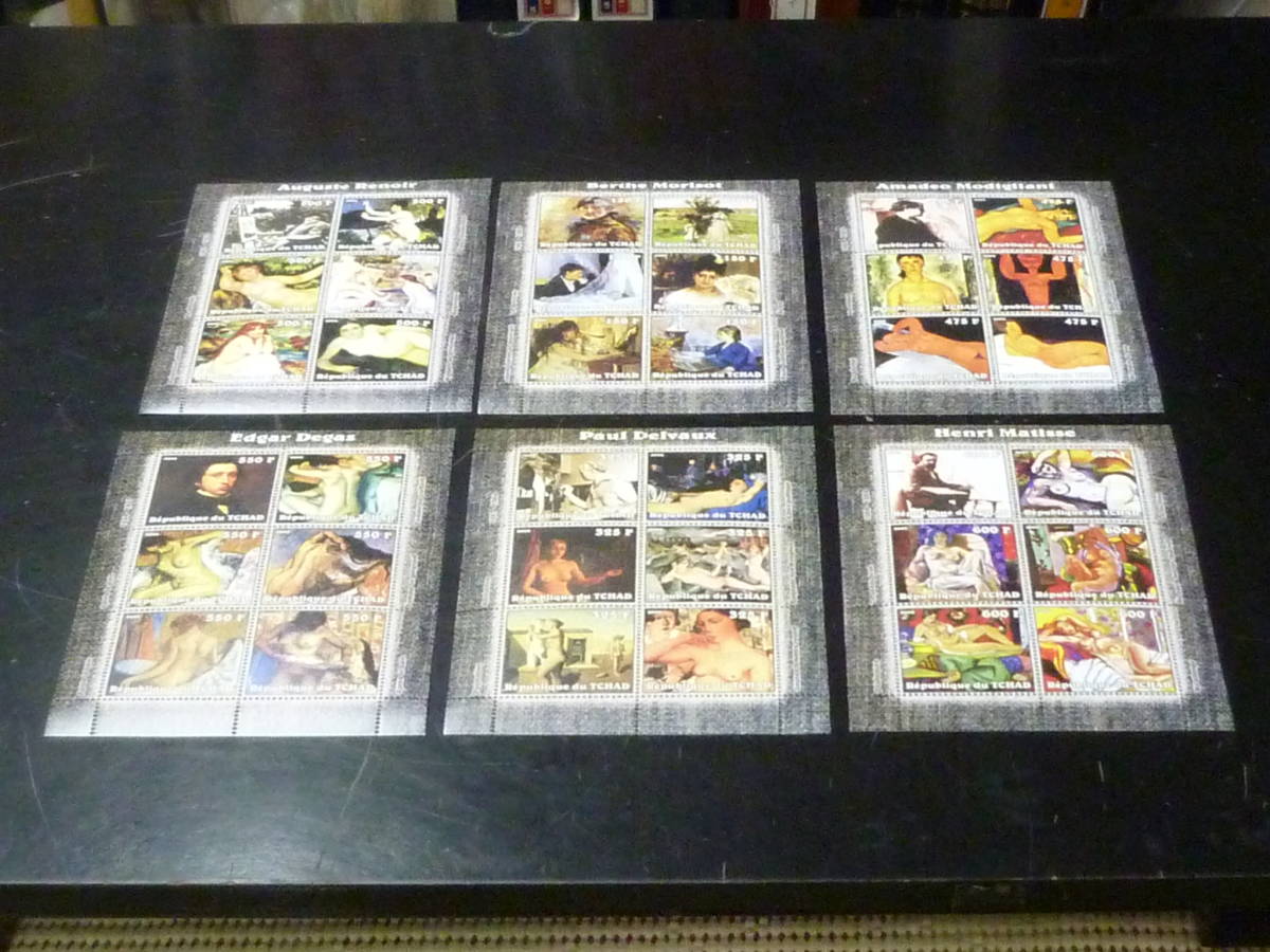 23 P ヌード絵画切手№328 チャド 2002年 画家「ルノアール・他」 6面シート 計6種 未使用NH・VF拍卖