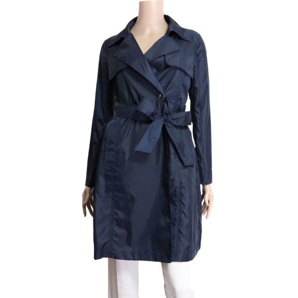 新品同様/シップス SHIPS トレンチコート 9号 M 38号 相当 紺 ネイビー 艶感 シンプル 無地 薄手 お出掛け 通勤 春秋 アウター レディース拍卖