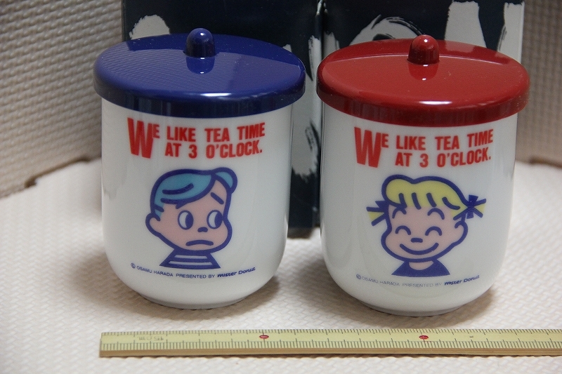 陶器製 夫婦 湯呑み 箱蓋付 未使用 ミスタードーナツ 検索 原田治 原田オサ めおと YUNOMI ミスド キャラクター グッズ拍卖