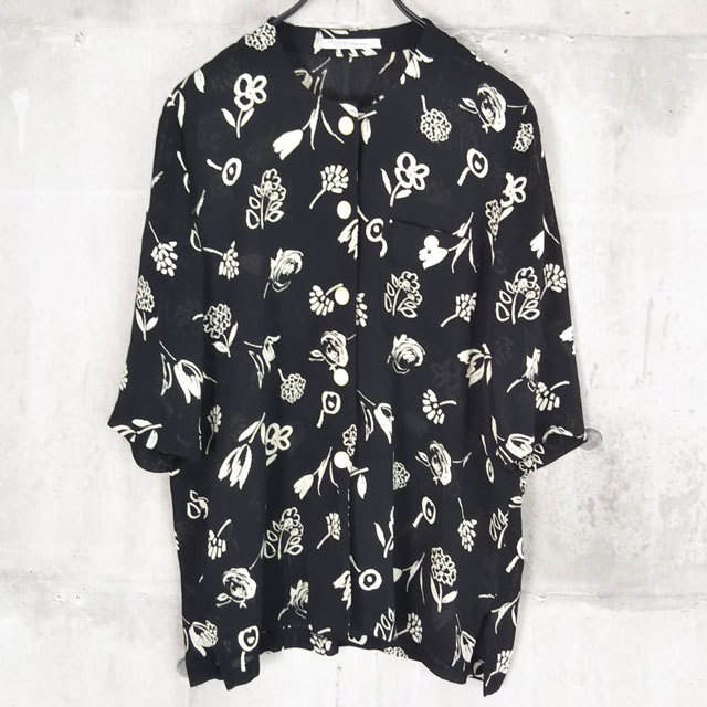 HIGH SENSE サイズM チュニックシャツ 七分袖 シースルー 日本製 ブラック系 黒 総柄 花柄 胸ポケット ブラウス レディース トップス拍卖