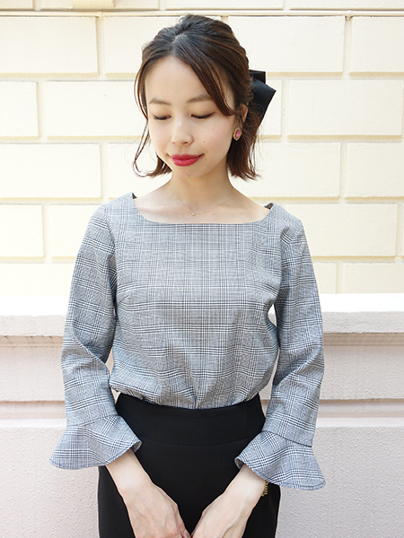 グレンチェック柄カットソー◆an another angelus アンアナザーアンジェラス◆ベル袖◆拍卖