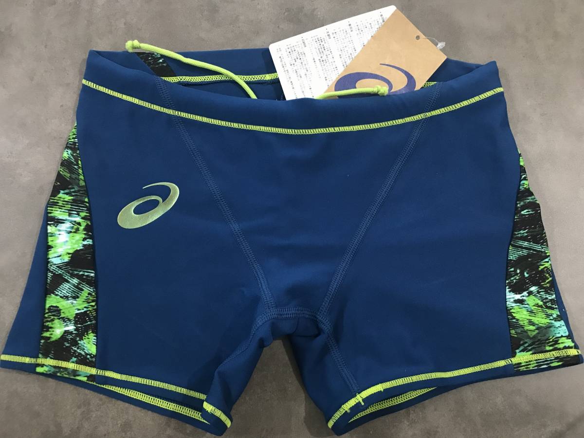 0609 ☆ 新品 未使用 水着 asics アシックス ハーフボックス サイド柄 ブルー 塩素に強く長持ち XSサイズ拍卖