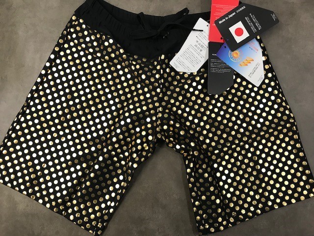0075 ☆☆☆ 新品 水着 ロングボクサー 学生 メタリックドット柄 Lサイズ TYR ブラック & ゴールド拍卖