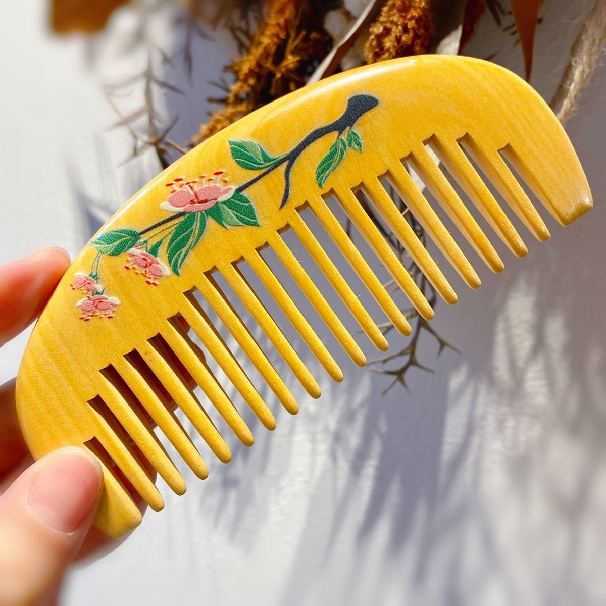 つげ櫛 本つげ 木製櫛 絵付き 静電気防止 美髪 頭皮マッサージ拍卖